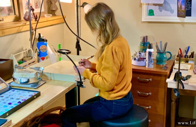Amy Whitten in the Liframy jewelry studio creates Earth stone creations, a boho Collection at Liframy, uniquely curated to include pieces that embody traditional American West culture and spirit of the southwest jewelry by Amy Whitten Made in the USA.