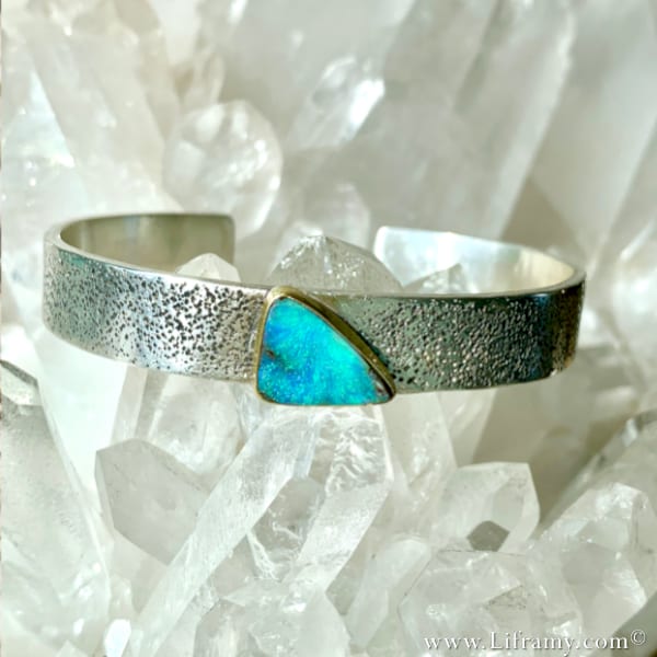 Shop Liframy – Sexy Beach Vibes Opal Band Statment jewlery handmade one of a kind Jewelry Hand forged by Amy Whitten in The USA 1 - Liframy – Boulder Opal Beach Vibe Cuff