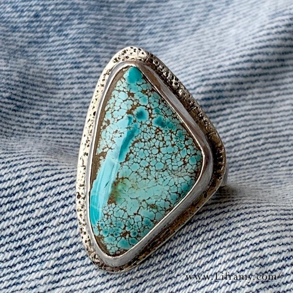 Shop Liframy-Thunderbird Mine Turquoise Sterling Silver Ring Hand Forged Statement jewelry by Amy Whitten in The USA