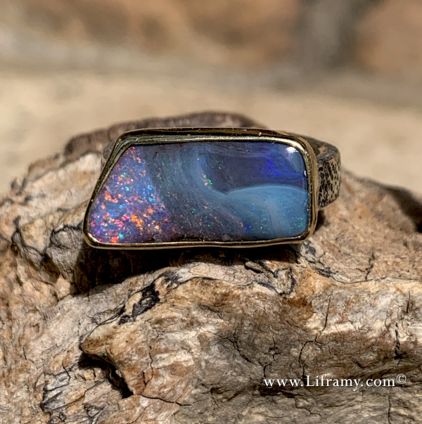 Shop Liframy - Amazing Boulder opal Gold & Silver Ring one of a kind hand forged statement jewelry by Amy Whitten in the Rocky Mountains of the USA