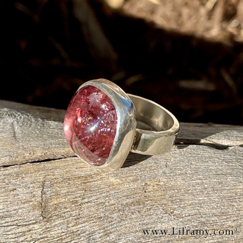 Shop Liframy - Pink Tourmaline Rainbow Sterling Ring size 7.75 One of a kind hand forged statement jewelry by Amy Whitten in the Rocky Mountains of the USA