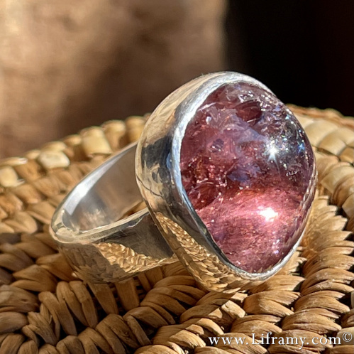 Shop Liframy - Pink Tourmaline Rainbow Sterling Ring size 7.75 One of a kind hand forged statement jewelry by Amy Whitten in the Rocky Mountains of the USA